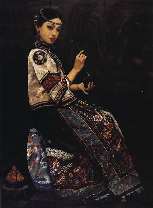 girl with a pipe painting li feng di oil paintings
